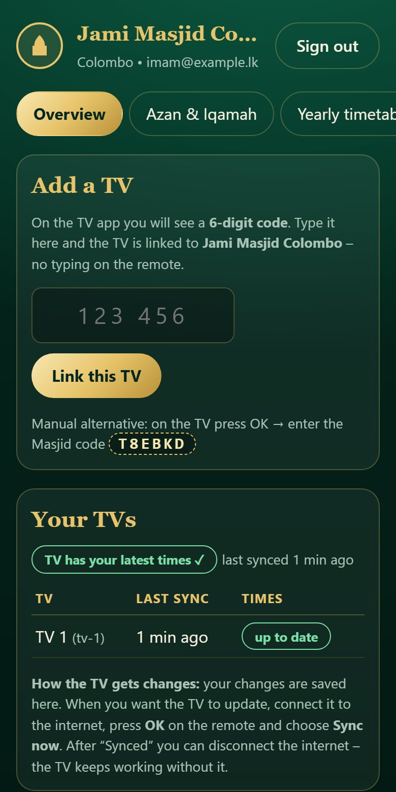 Masjid TV phone admin showing Add a TV