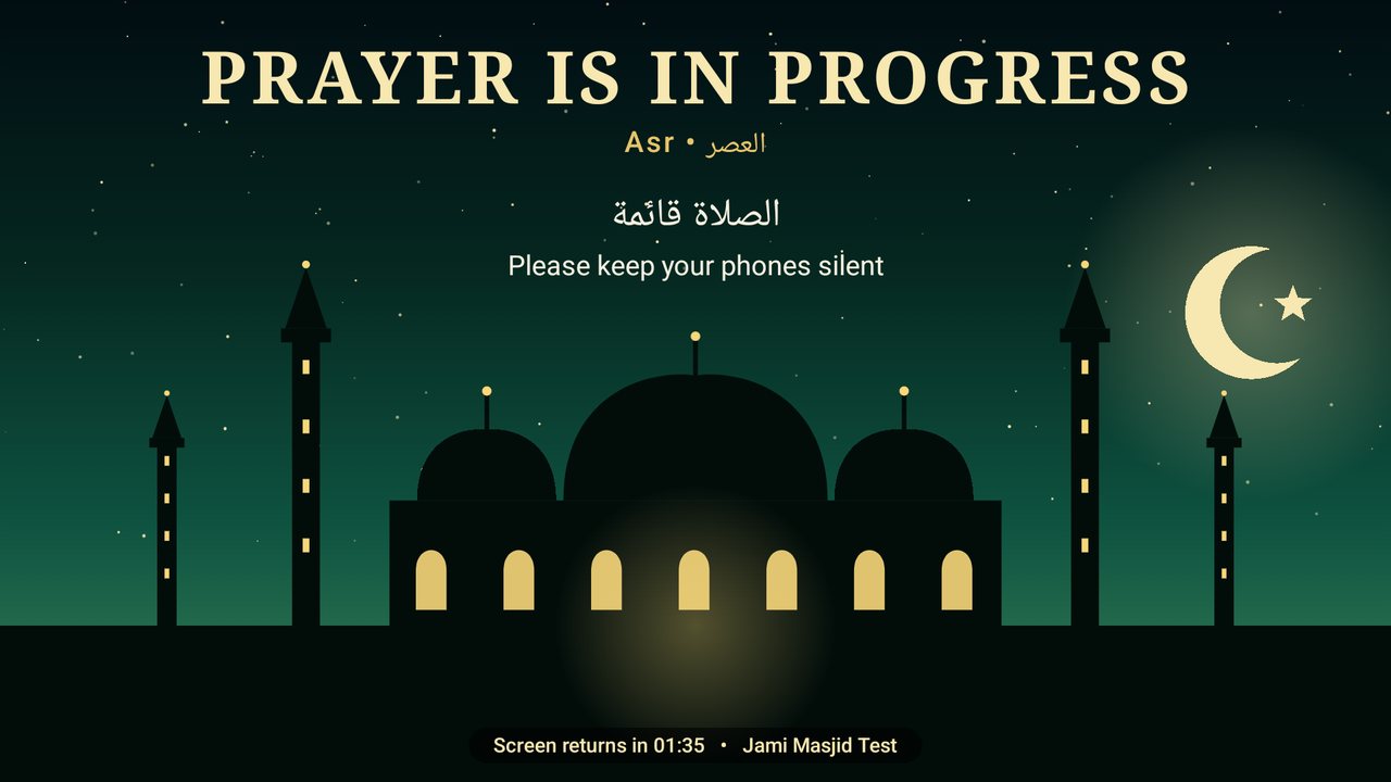 Prayer in progress screen with a mosque at night