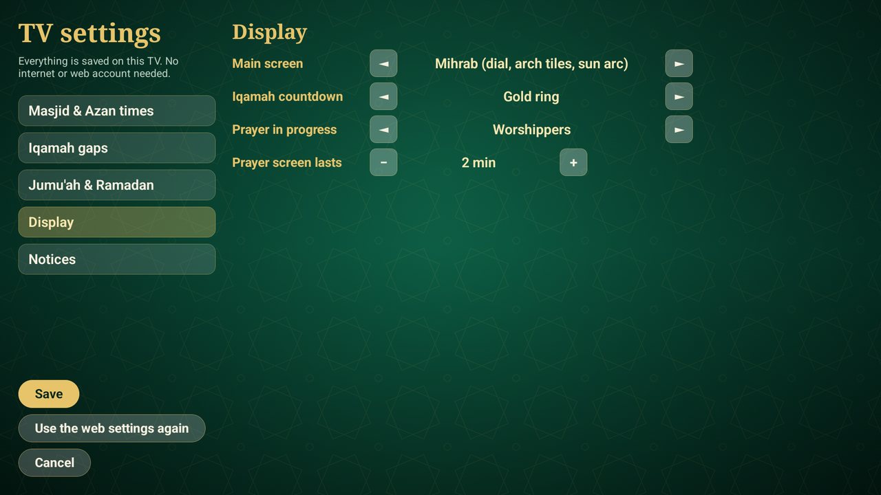 TV settings page for display styles