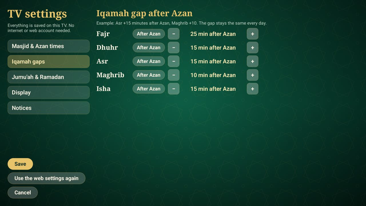 TV settings page for Iqamah gaps