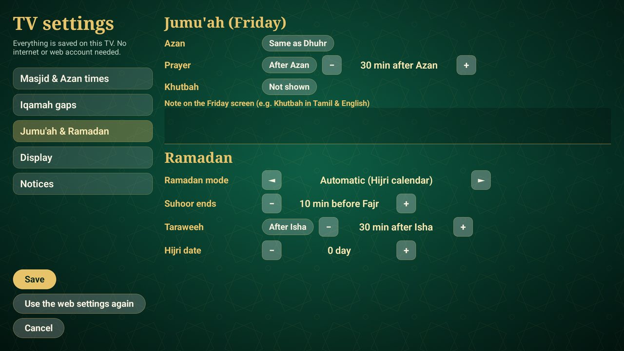 TV settings page for Jumu'ah and Ramadan