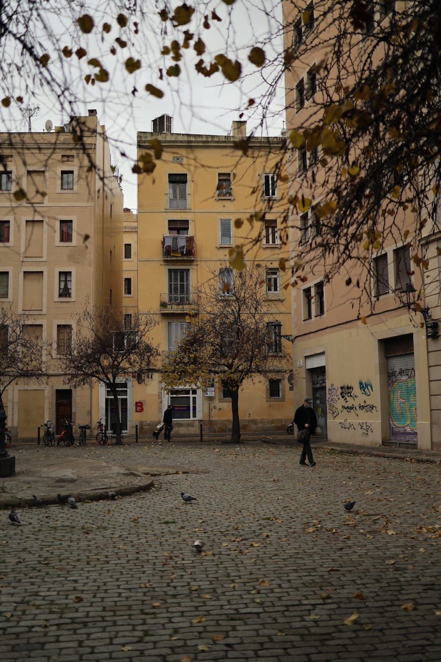 A serene image of a quiet town in autumn, with colorful leaves adorning the trees.