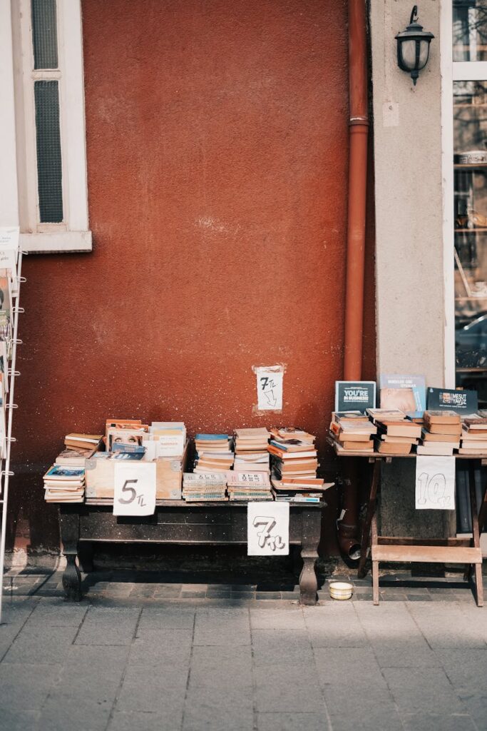 A surreal cityscape dominated by towering stacks of books and manuscripts.