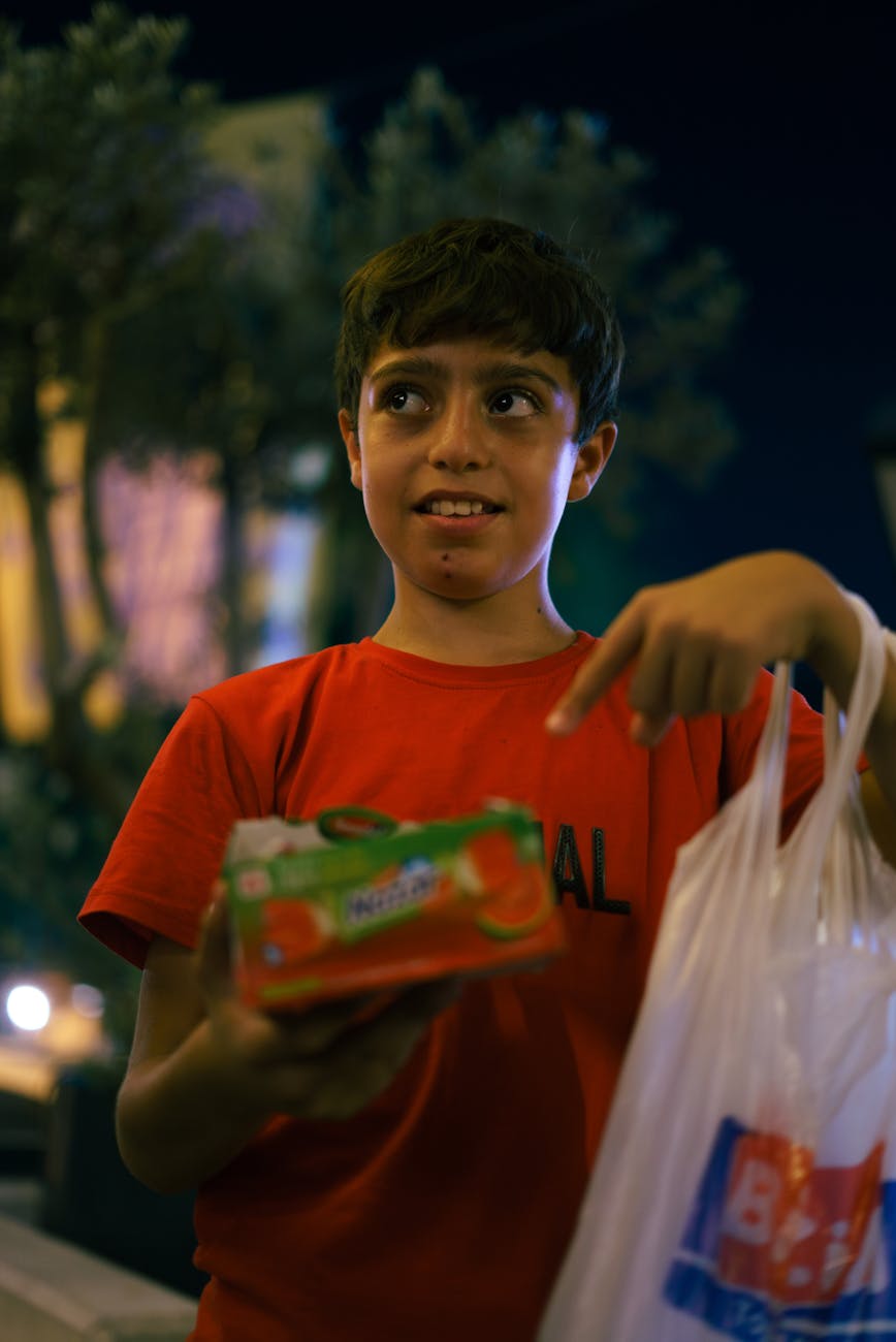 A young boy stands on a mountain peak, holding a glowing net against a backdrop of a starry sky.