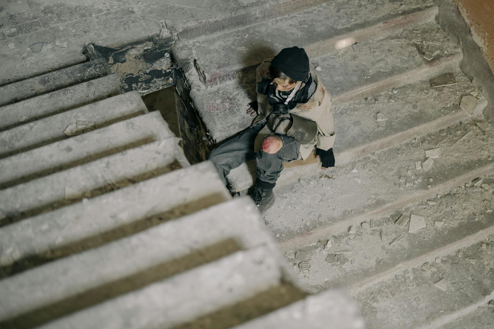 A man floats serenely above the crumbling remains of a city, symbolizing hope amidst destruction.