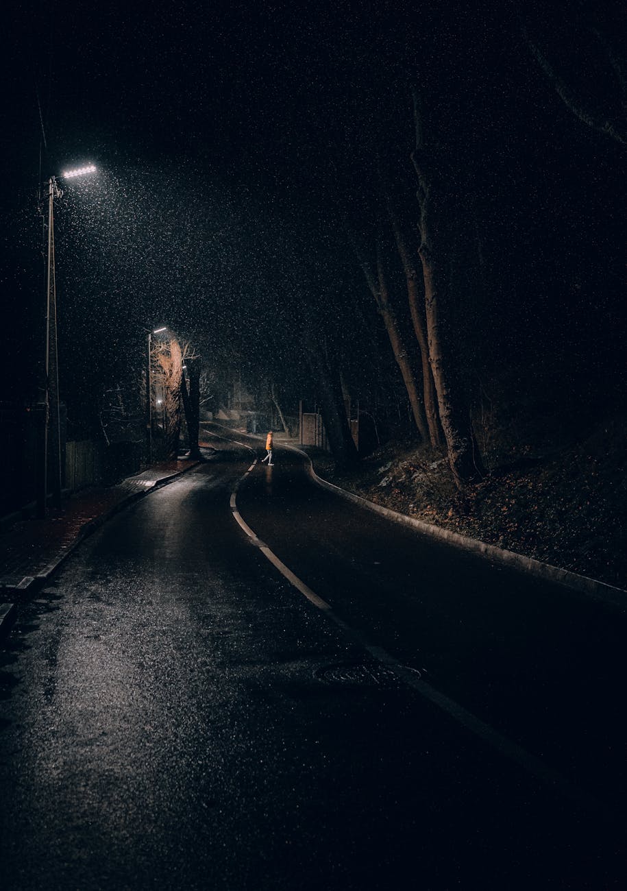 The reflection of a streetlight on a rain-soaked street at night, evoking a sense of solitude and quiet contemplation.
